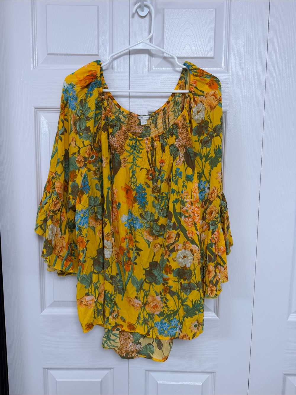 Cato Yellow Floral Off/On Shoulder Blouse with Ruffled Sleeves